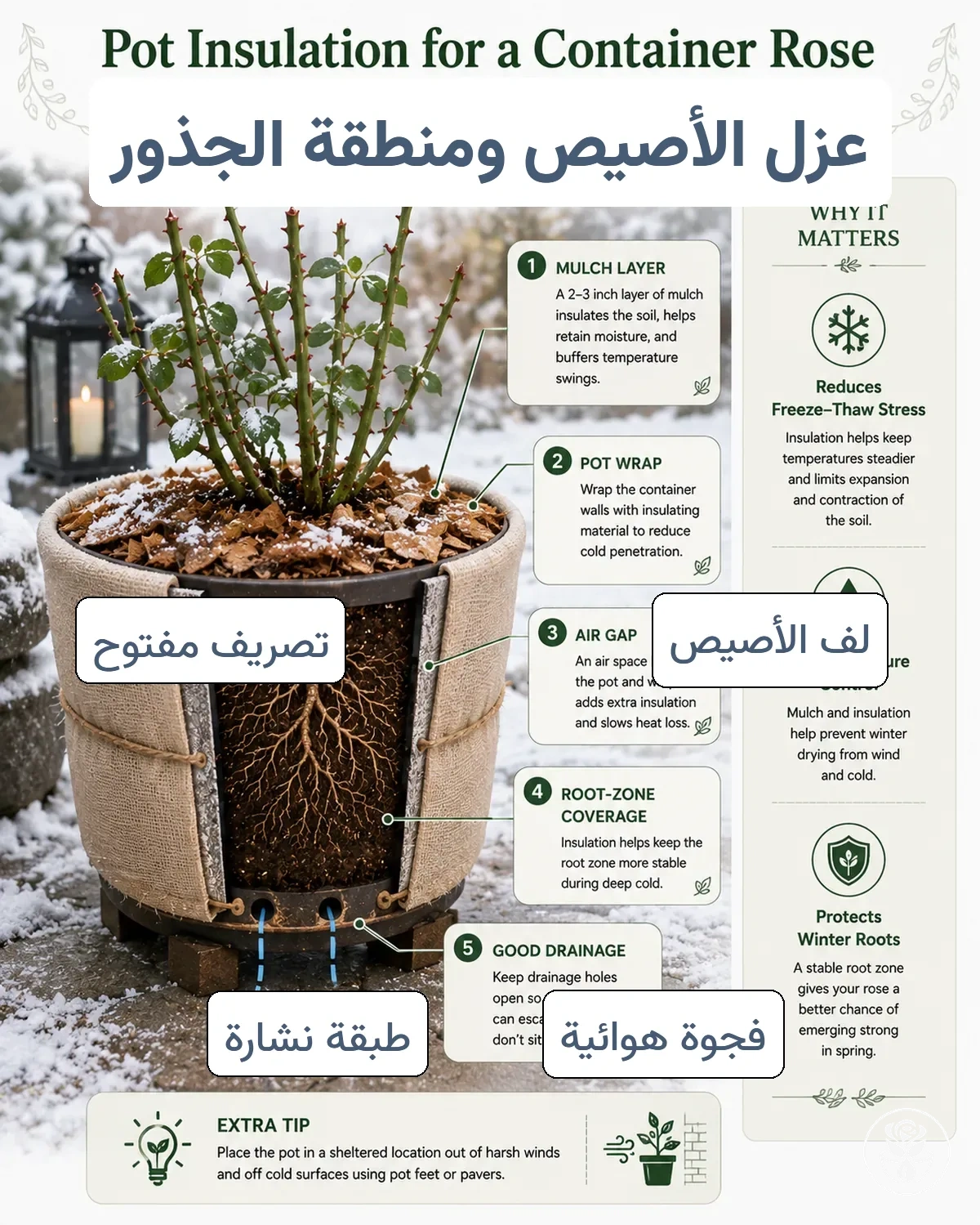 مكونات عزل الأصيص لحماية منطقة جذور الورد في الأصص