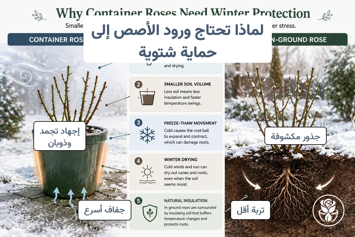 مقارنة التعرض الشتوي بين الورد في الأصص والورد في الأرض