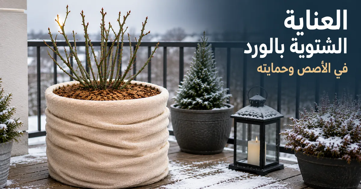وردة في أصيص محمية خلال الشتاء ضمن العناية الموسمية