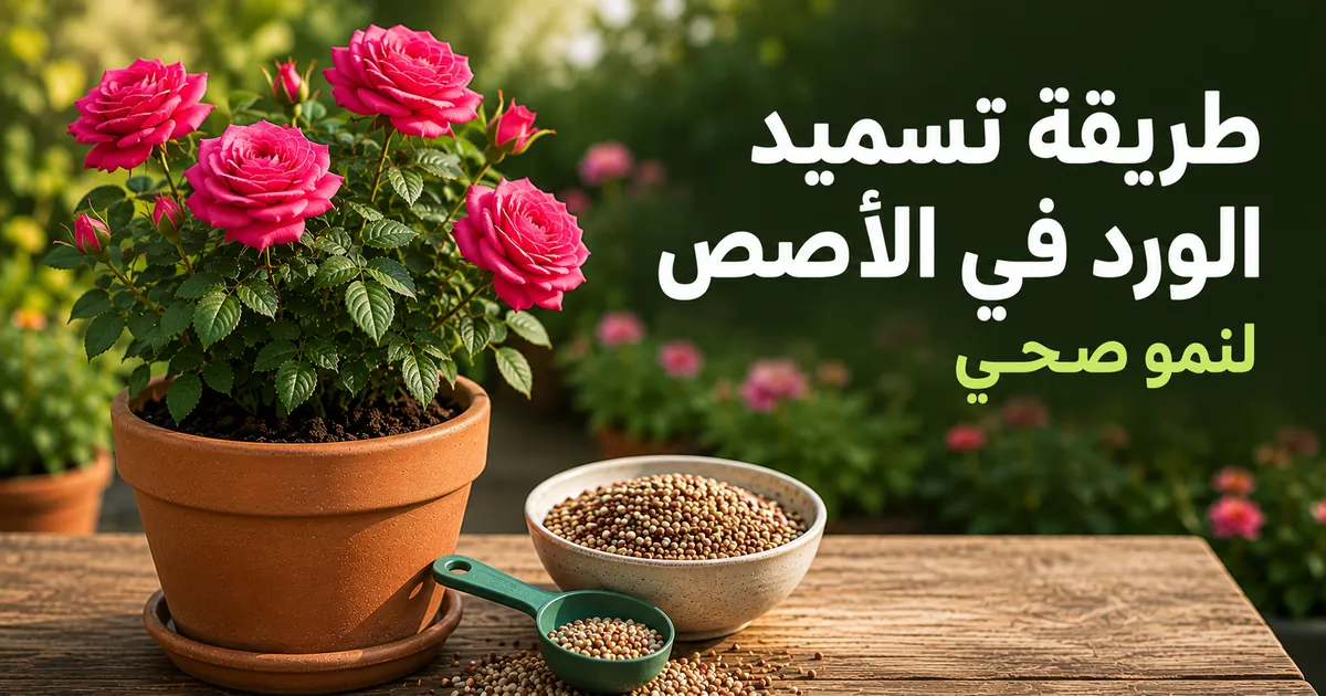 سماد ومغرفة قياس بجانب وردة في أصيص ضمن نظام العناية بالورد في الأصص