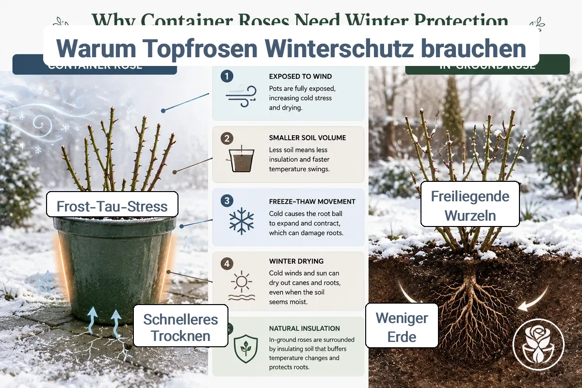 Vergleich der Winterexposition von Topfrosen und Rosen im Gartenbeet