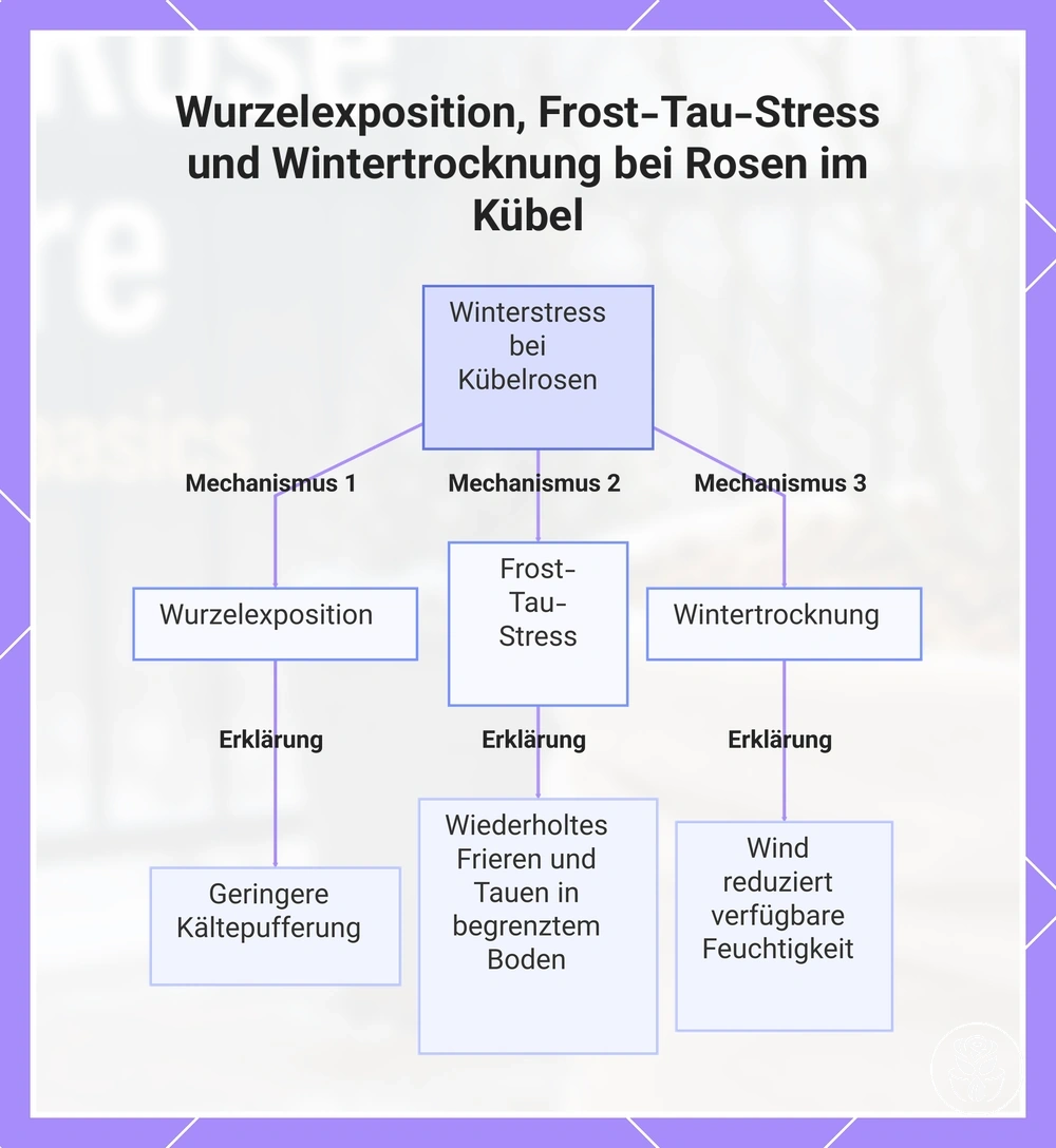 Wurzelexposition, Frost-Tau-Stress und Wintertrocknung bei Rosen im Kübel