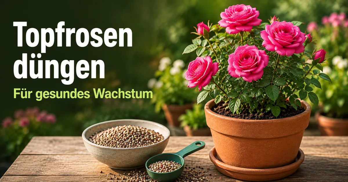Dünger und Messlöffel neben einer Topfrose in einem Pflegesystem