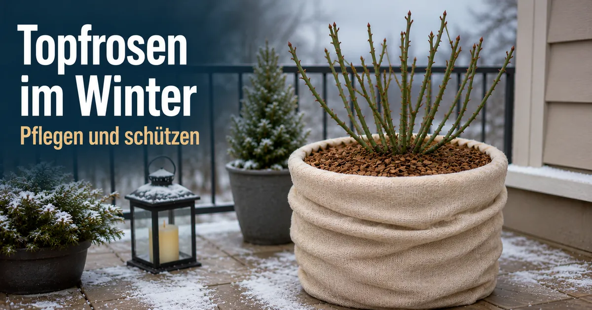 Geschützte Topfrose im Winter als Teil der saisonalen Pflege