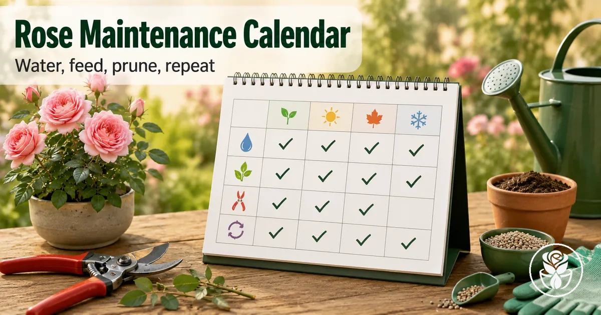 Container Rose Care System maintenance calendar with pruning shears, fertilizer, and watering tools