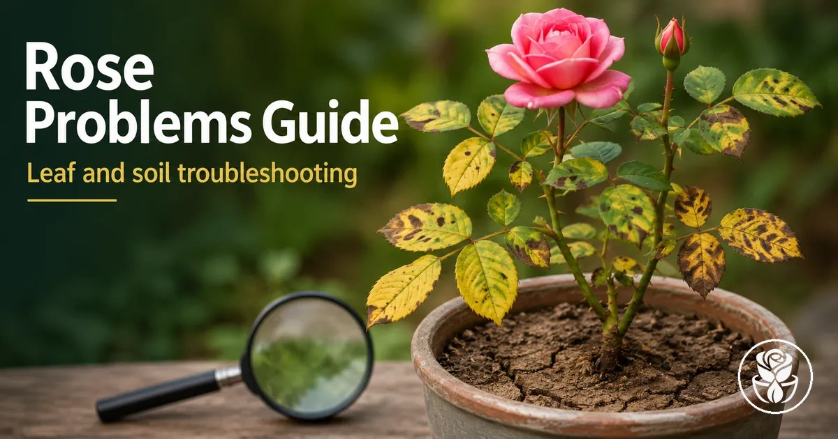 Container rose with visible leaf and soil problems for troubleshooting a Container Rose Care System