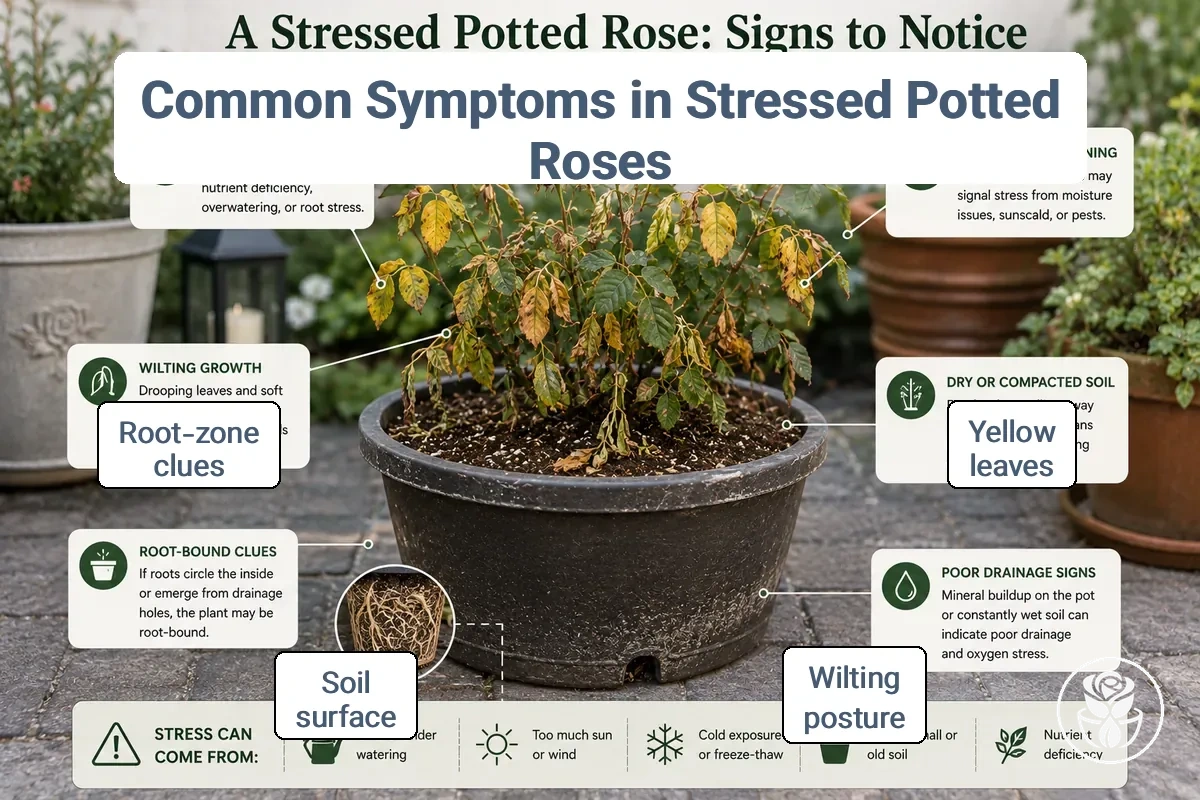 Annotated stressed potted rose symptoms on leaves, stems, and soil surface
