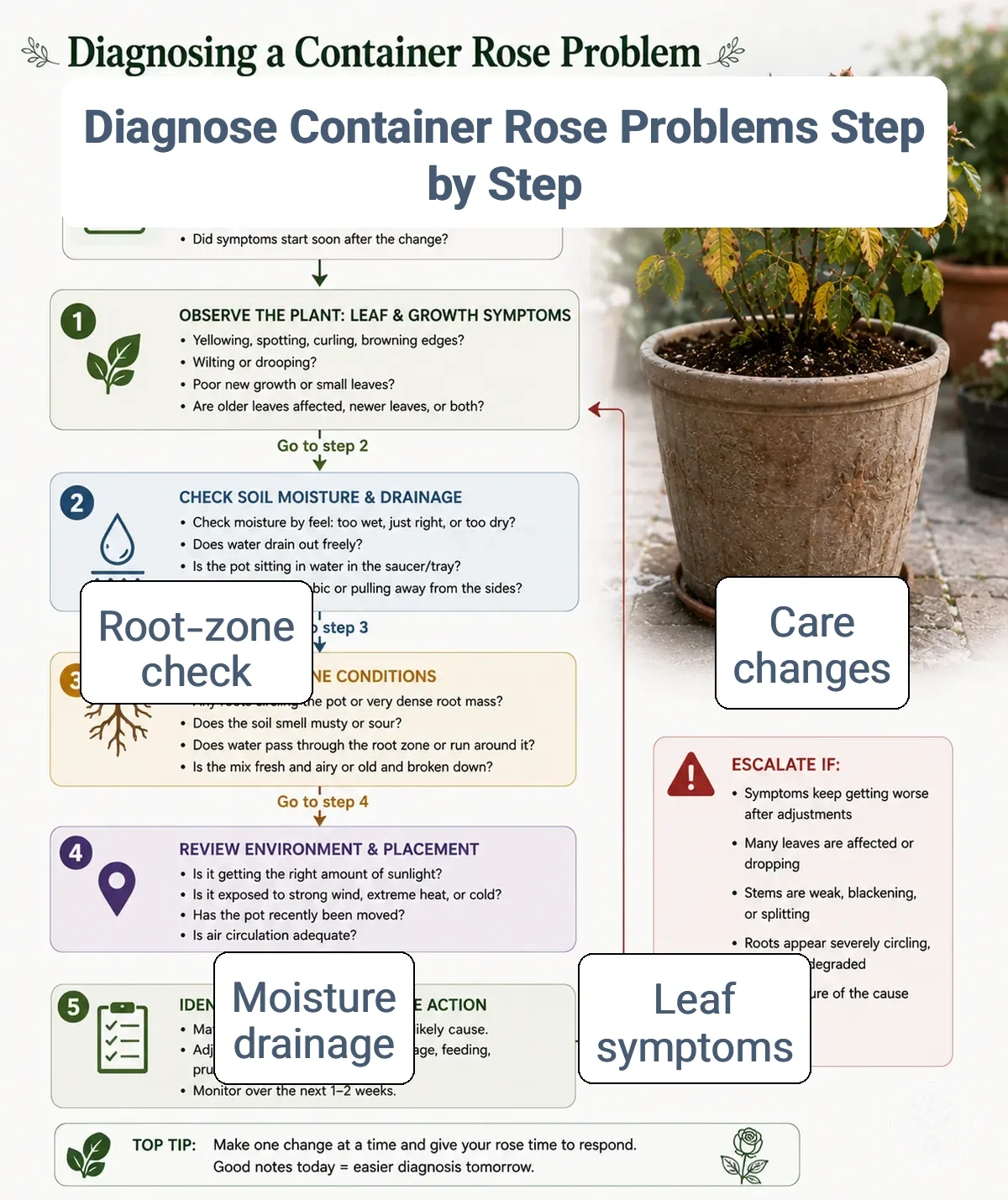 Flowchart for diagnosing a container rose problem from care changes to root-zone checks