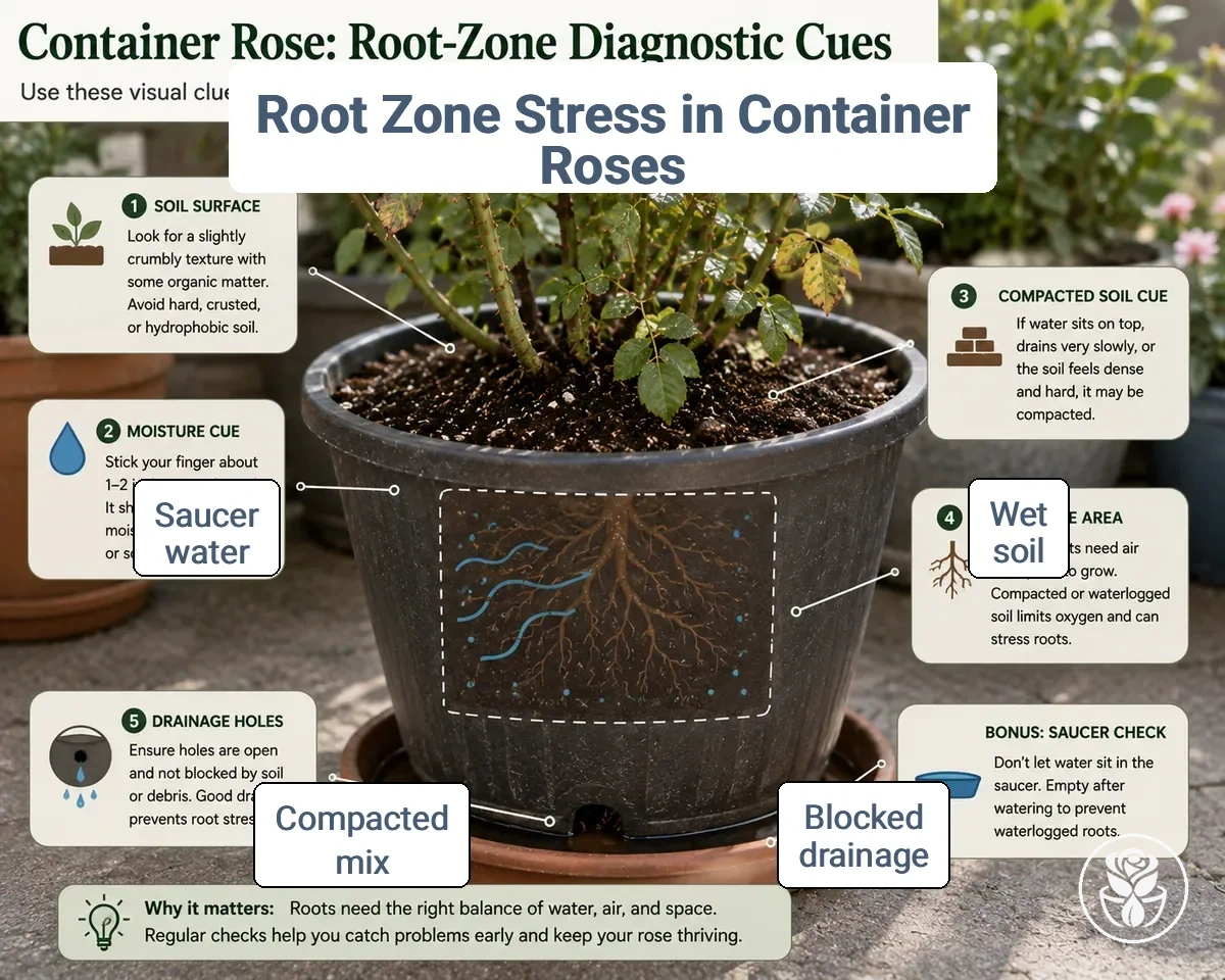 Annotated container rose pot showing drainage, soil surface, and root-zone stress cues