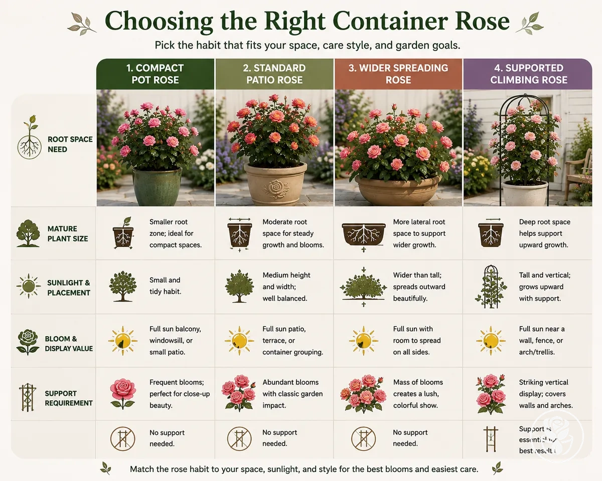 Visual comparison of container rose selection criteria including root space, mature size, sunlight, bloom value, and support