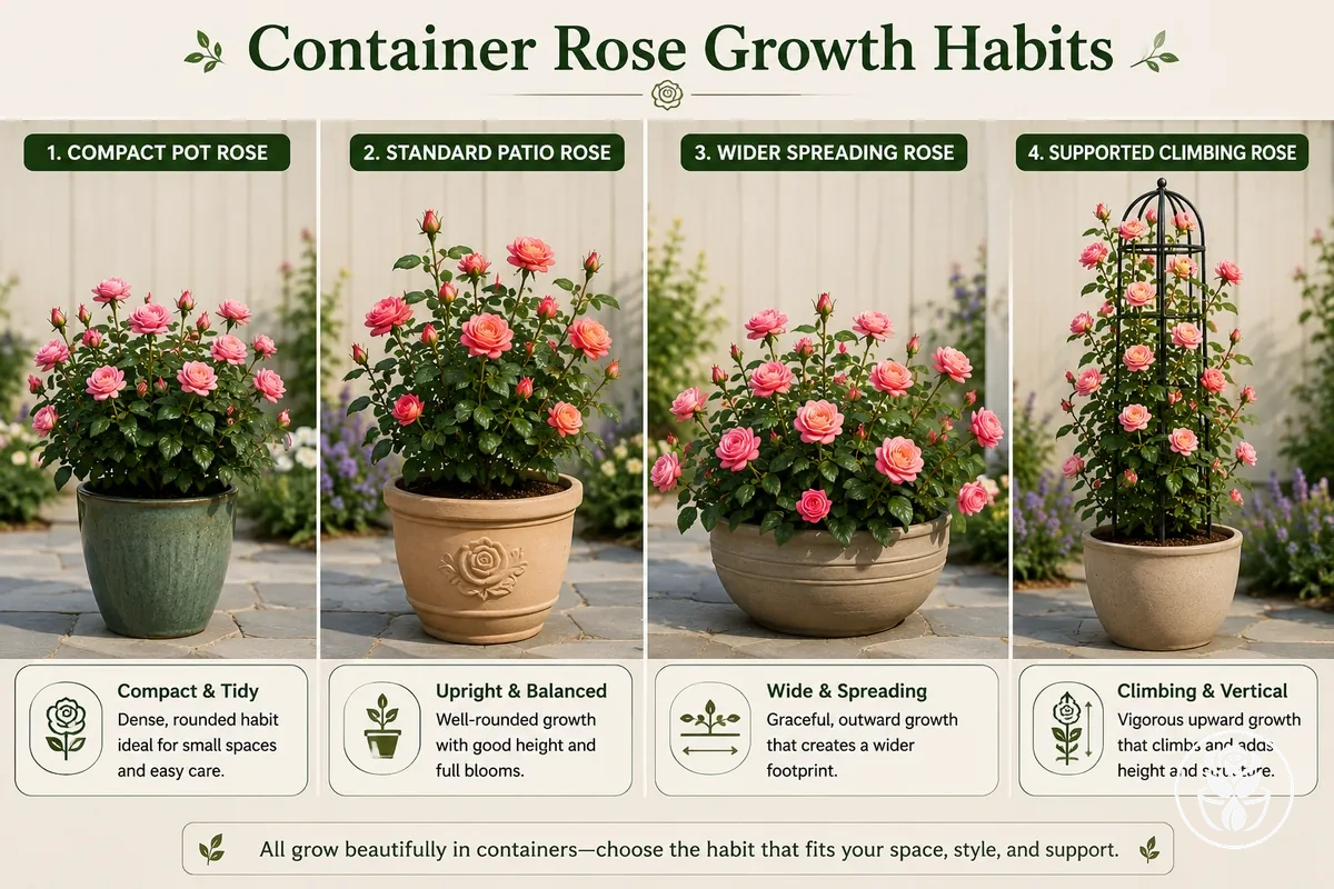 Comparison graphic of container rose growth habits for compact, patio, spreading, and climbing roses