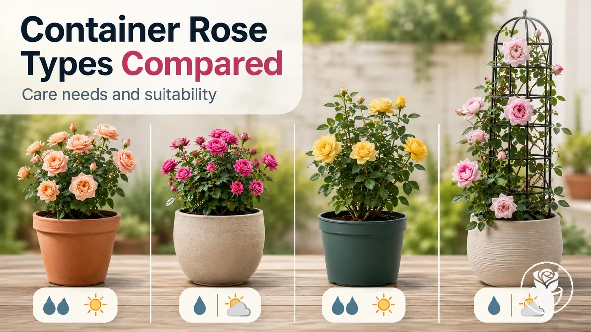 Different container rose types shown in pots for comparing care needs and suitability