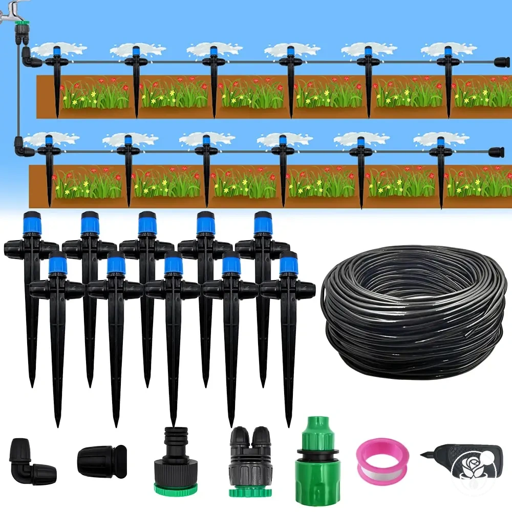 Kit de riego por goteo ajustable con aspersores y conectores dentados