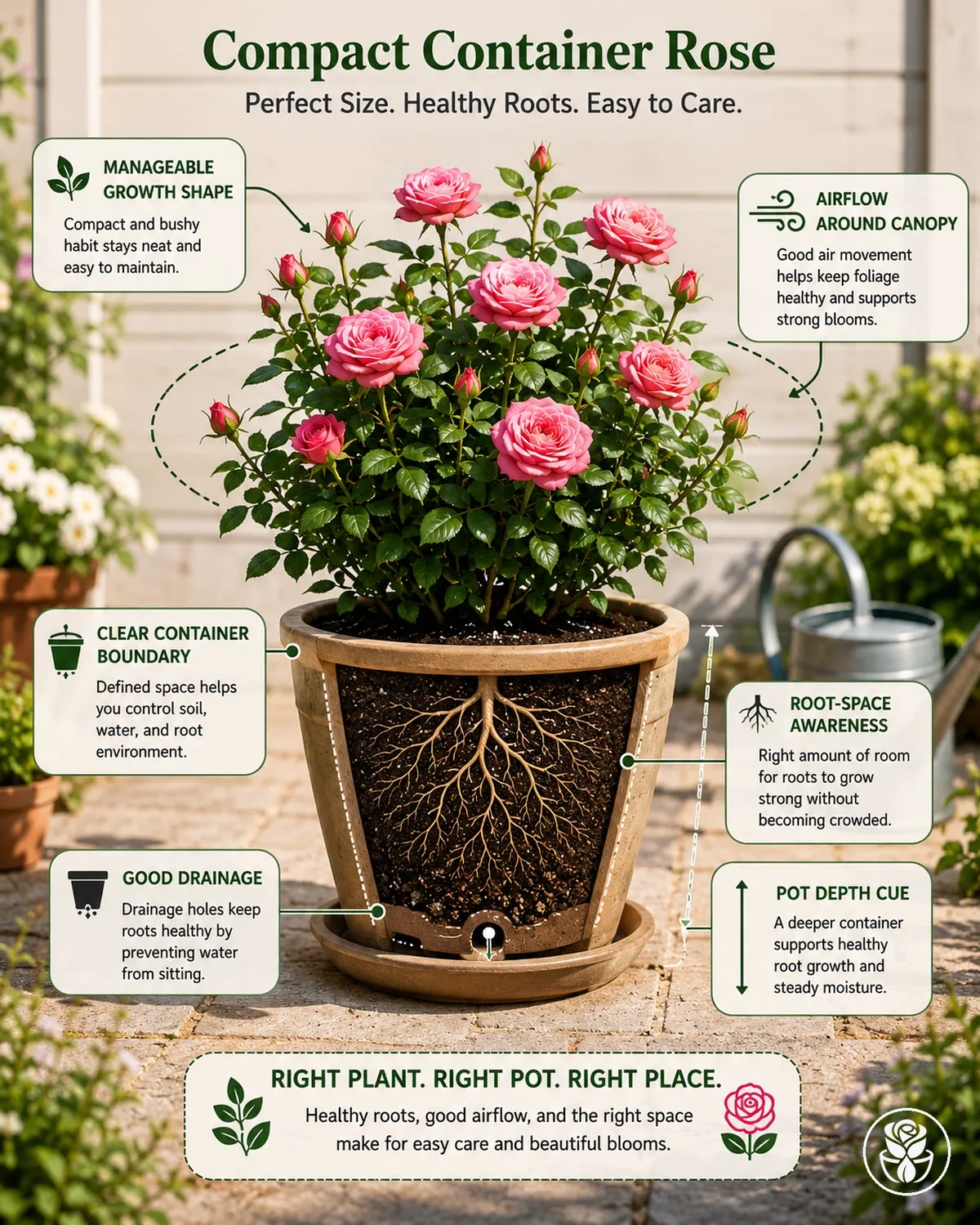 Rosa apta para maceta que muestra crecimiento compacto, espaciado e indicadores de ajuste al contenedor