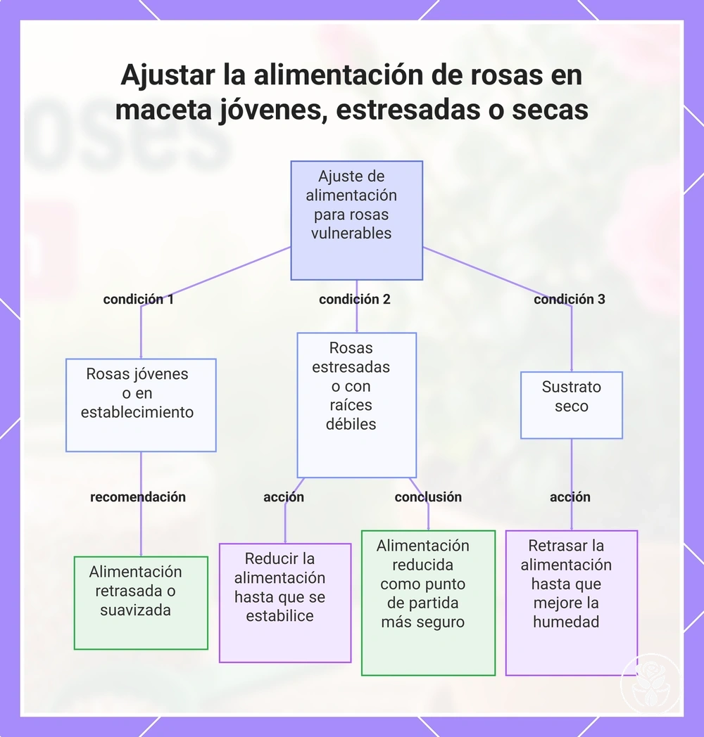 Ajustar la alimentación de rosas en maceta jóvenes, estresadas o secas