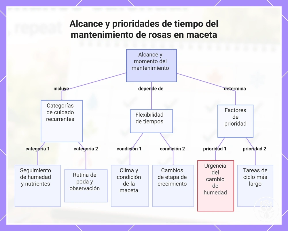 Alcance y prioridades de tiempo del mantenimiento de rosas en maceta