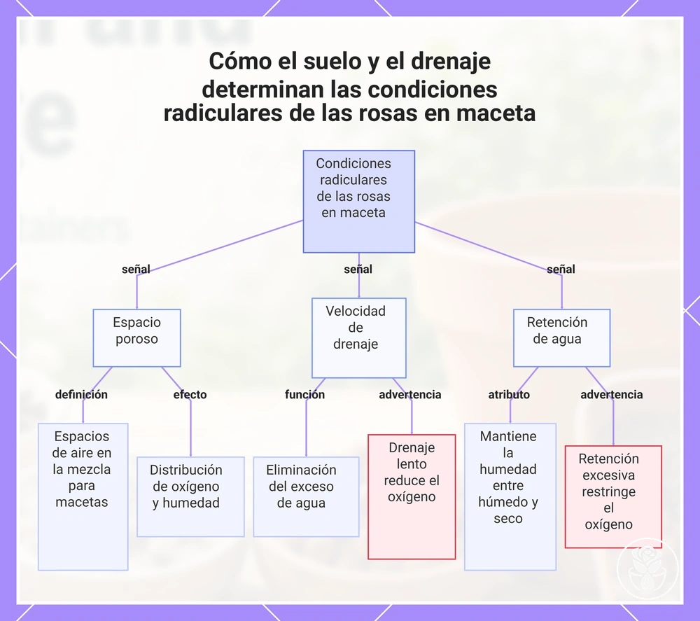 Cómo el suelo y el drenaje determinan las condiciones radiculares de las rosas en maceta