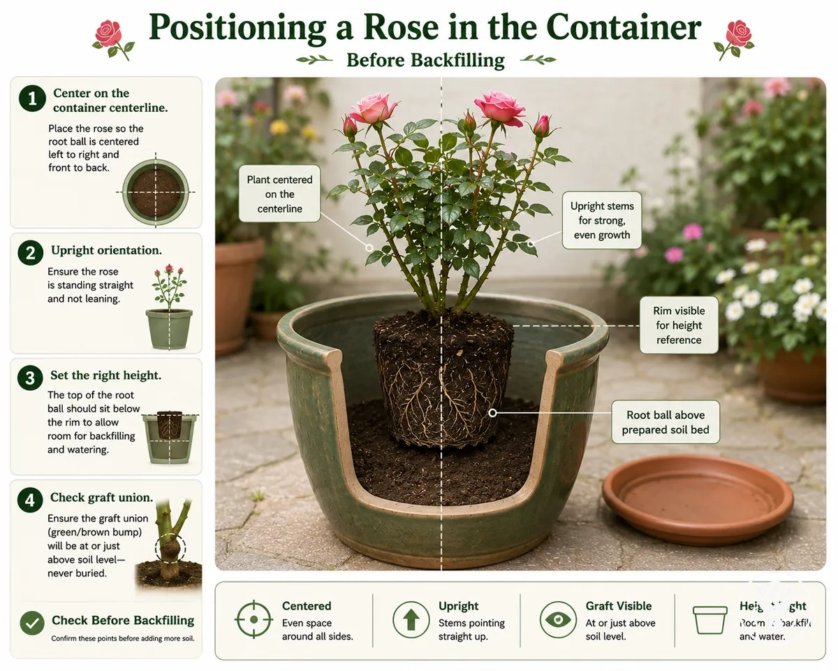 Rosa centrada en el contenedor con raíces visibles y lecho de plantación antes del relleno