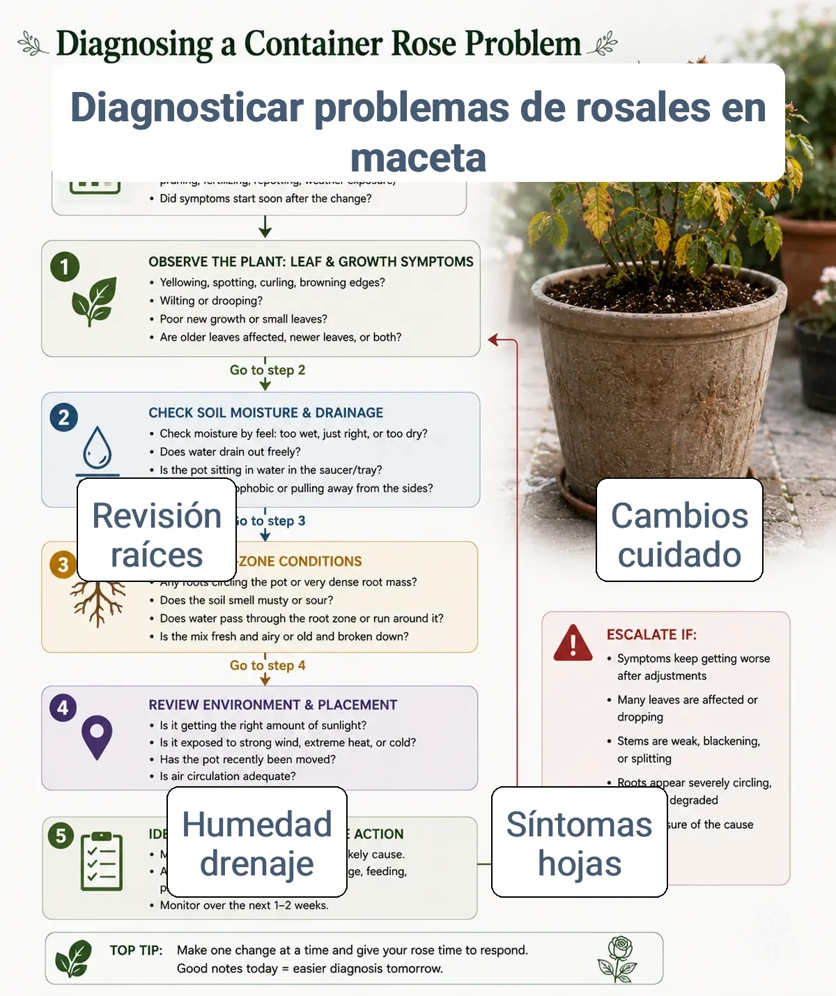Diagrama de flujo para diagnosticar un problema en una rosa en maceta desde cambios en cuidados hasta revisiones de la zona radicular