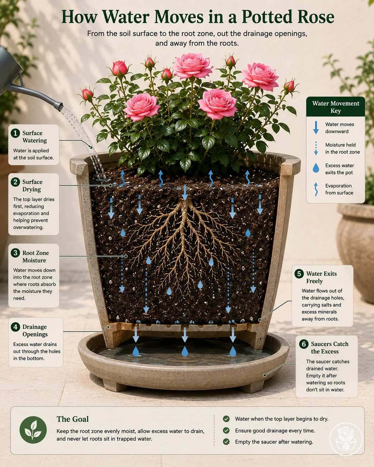 Diagrama que muestra el movimiento de la humedad, las aberturas de drenaje y las condiciones de humedad en la zona radicular de una rosa en maceta