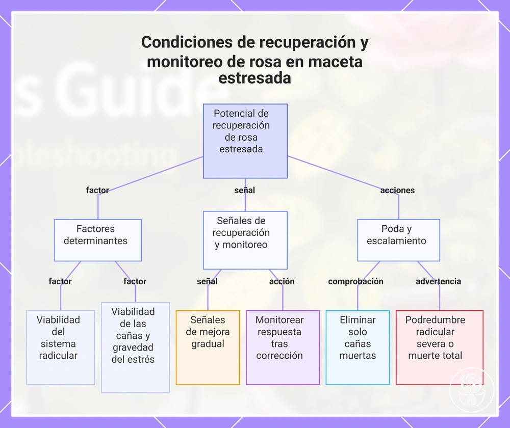 Condiciones de recuperación y monitoreo de rosa en maceta estresada