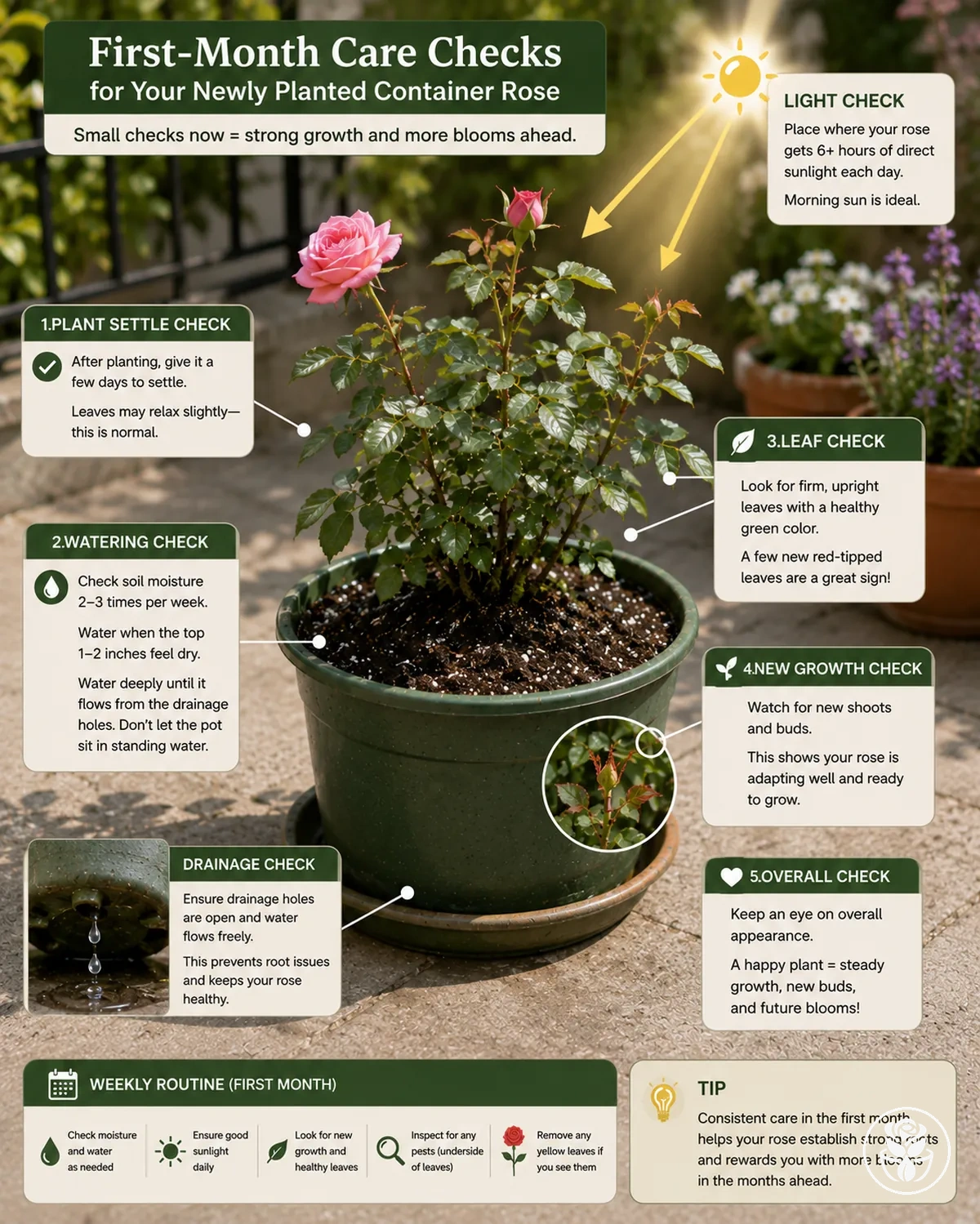 Controles del primer mes tras la plantación de una rosa en maceta con observaciones de suelo, luz y crecimiento