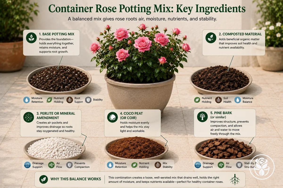 Ingredientes del sustrato etiquetados para rosas en maceta