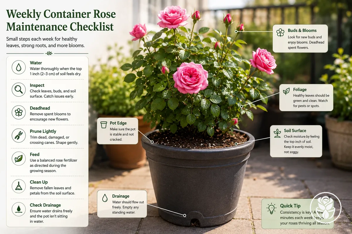 Lista de verificación semanal de mantenimiento para rosas en maceta que muestra la superficie del sustrato, hojas, flores, borde de la maceta y puntos de inspección