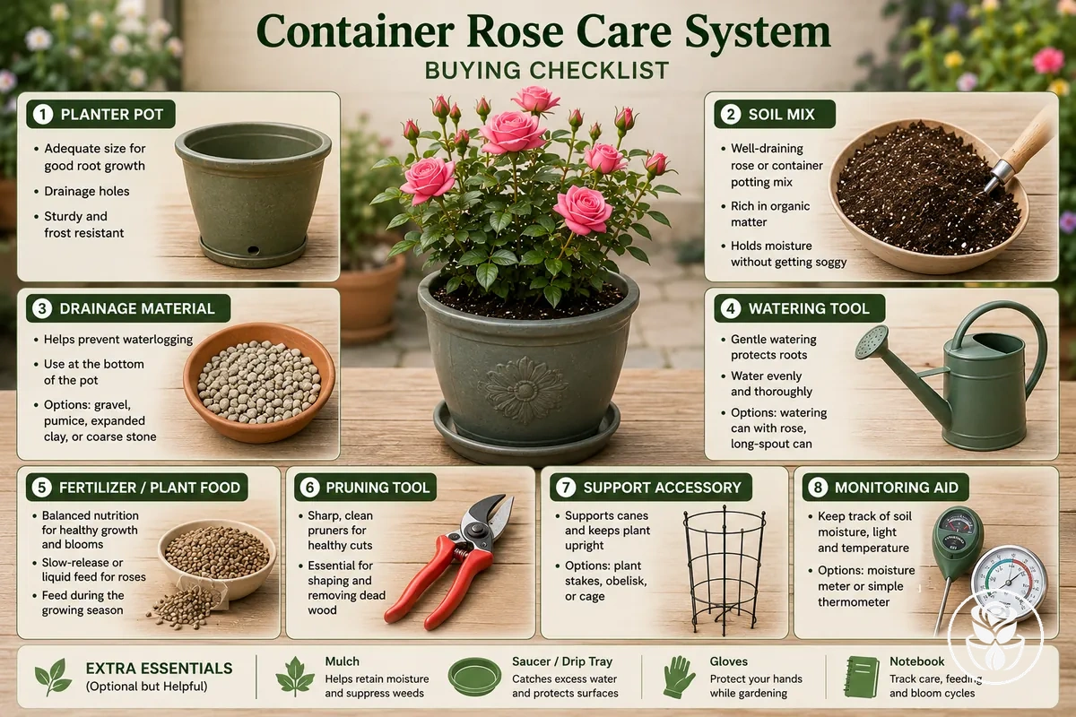 Suministros de cuidado de rosas en maceta organizados por maceta, sustrato, drenaje, riego, alimentación y función de soporte