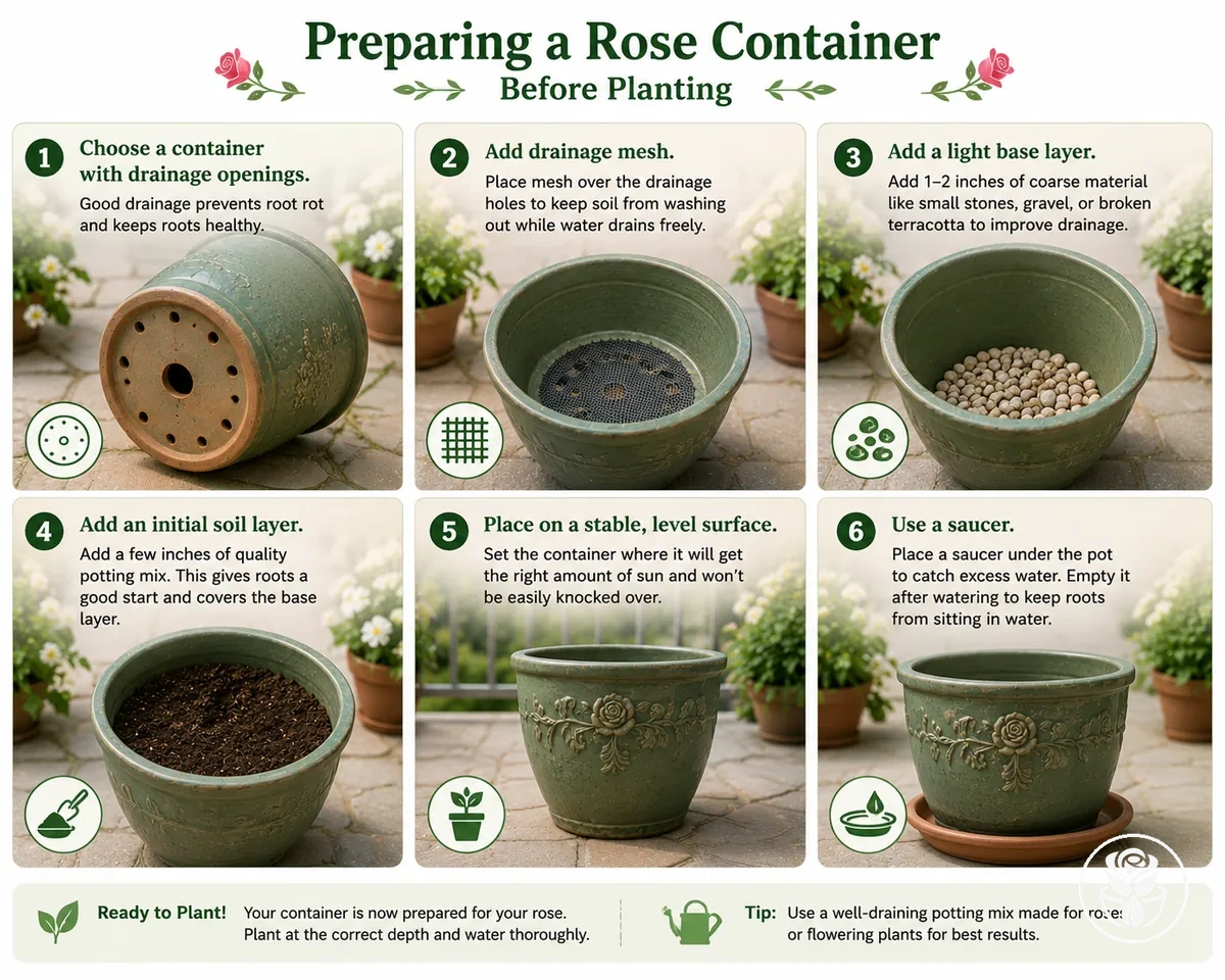 Contenedor de rosas preparado con malla de drenaje y una capa inicial de suelo antes de plantar