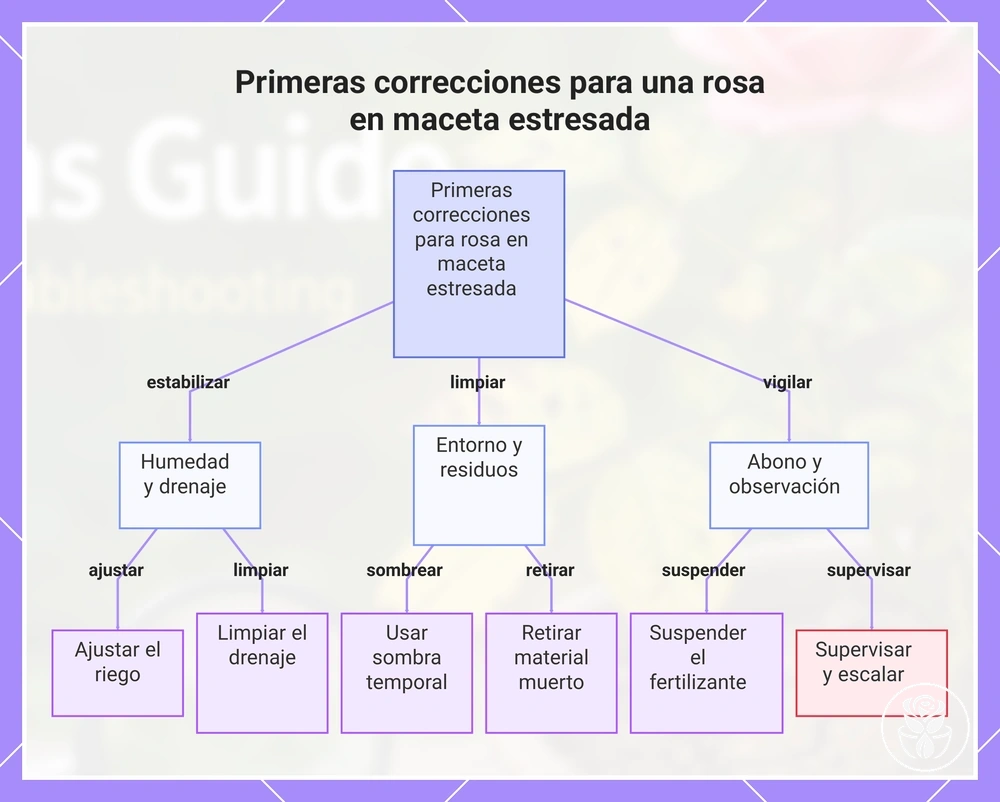 Primeras correcciones para una rosa en maceta estresada