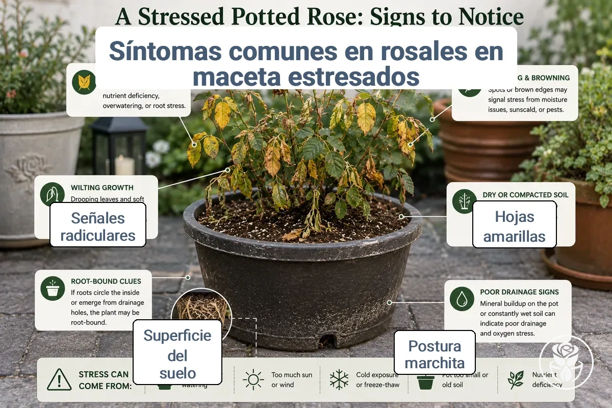Síntomas anotados de rosa en maceta estresada en hojas, tallos y superficie del suelo