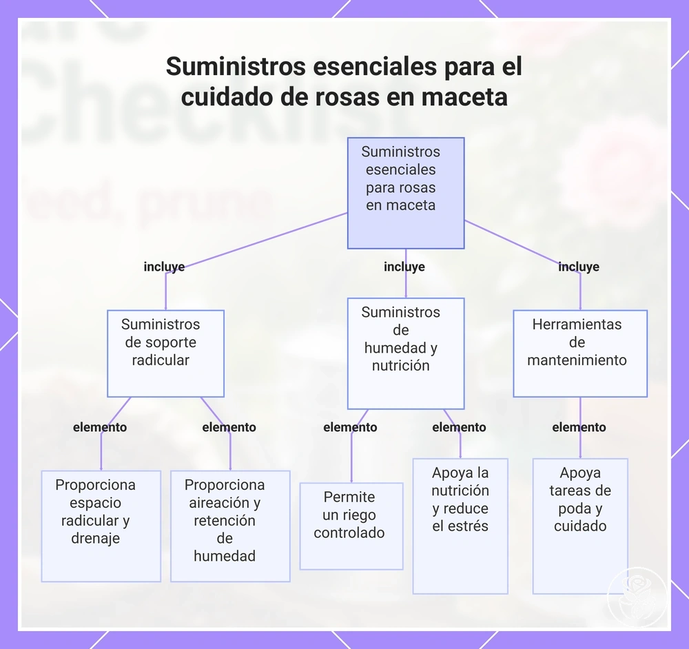 Suministros esenciales para el cuidado de rosas en maceta