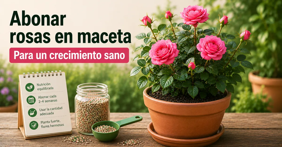 Abono y dosificador junto a una rosa en maceta dentro de un sistema de cuidado