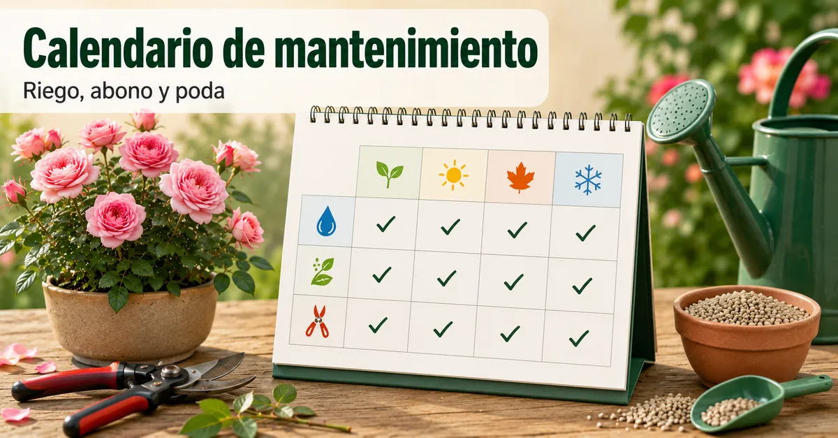 Calendario de mantenimiento para rosas en maceta con tijeras de poda, abono y herramientas de riego