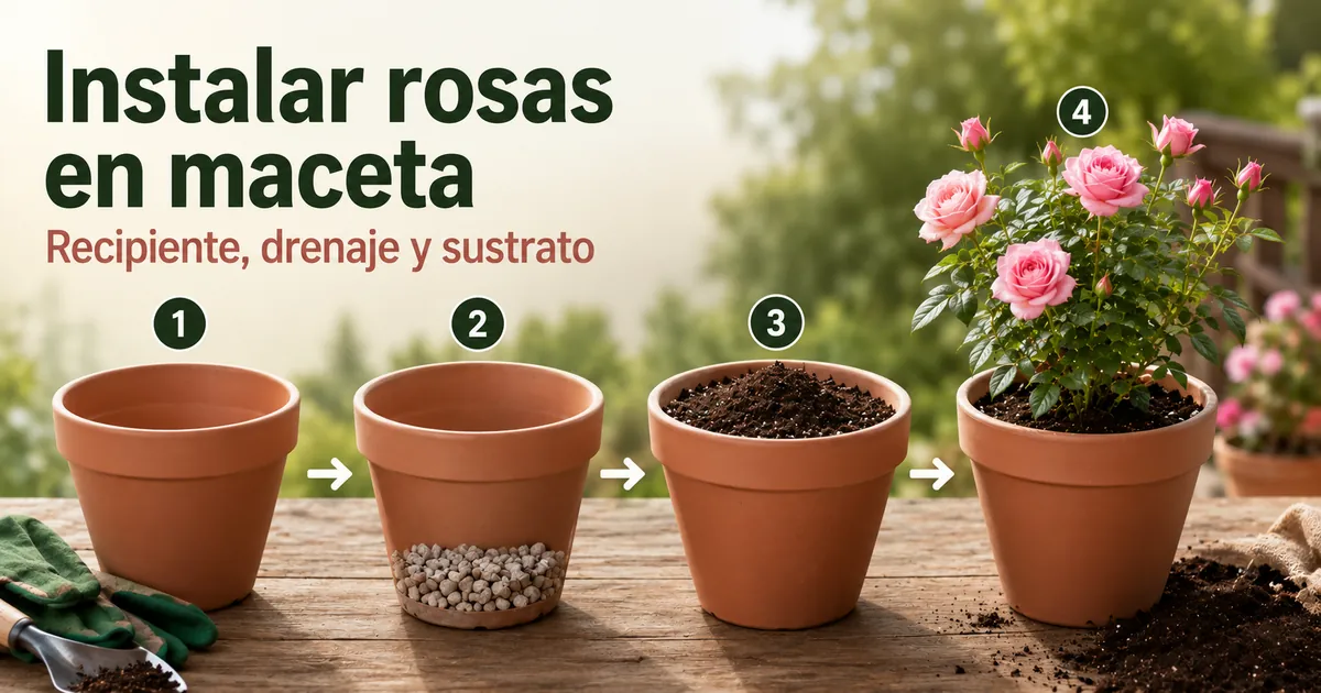 Instalación paso a paso de un sistema de cuidado de rosas en maceta con recipiente, sustrato, drenaje y planta