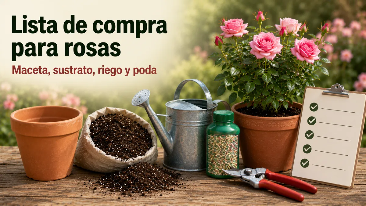 Lista de compra para un sistema de cuidado de rosas en maceta con maceta, sustrato, herramienta de riego, abono y tijeras de poda