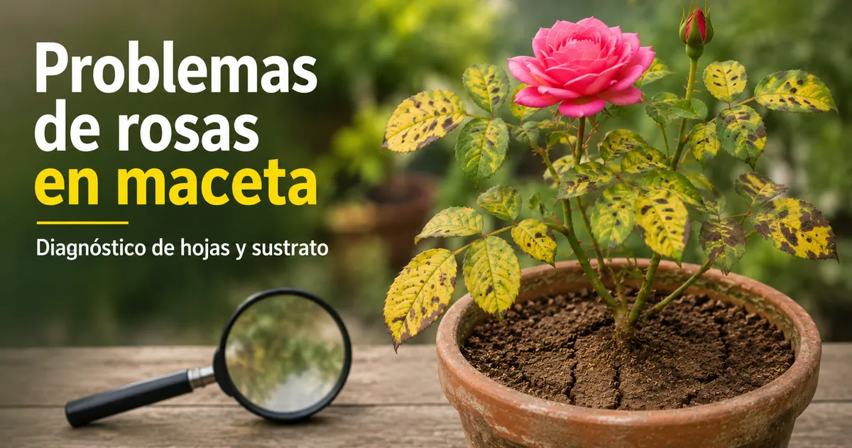 Rosa en maceta con problemas visibles en hojas y sustrato para diagnóstico de cuidados