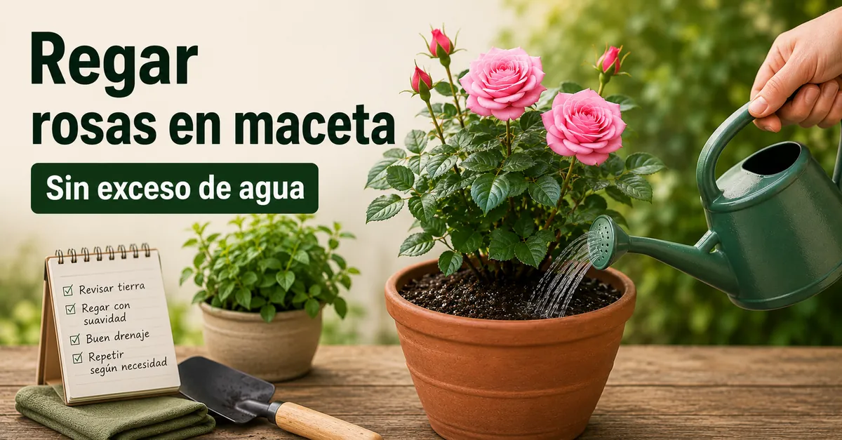 Riego cuidadoso de una rosa en maceta dentro de una rutina de cuidado