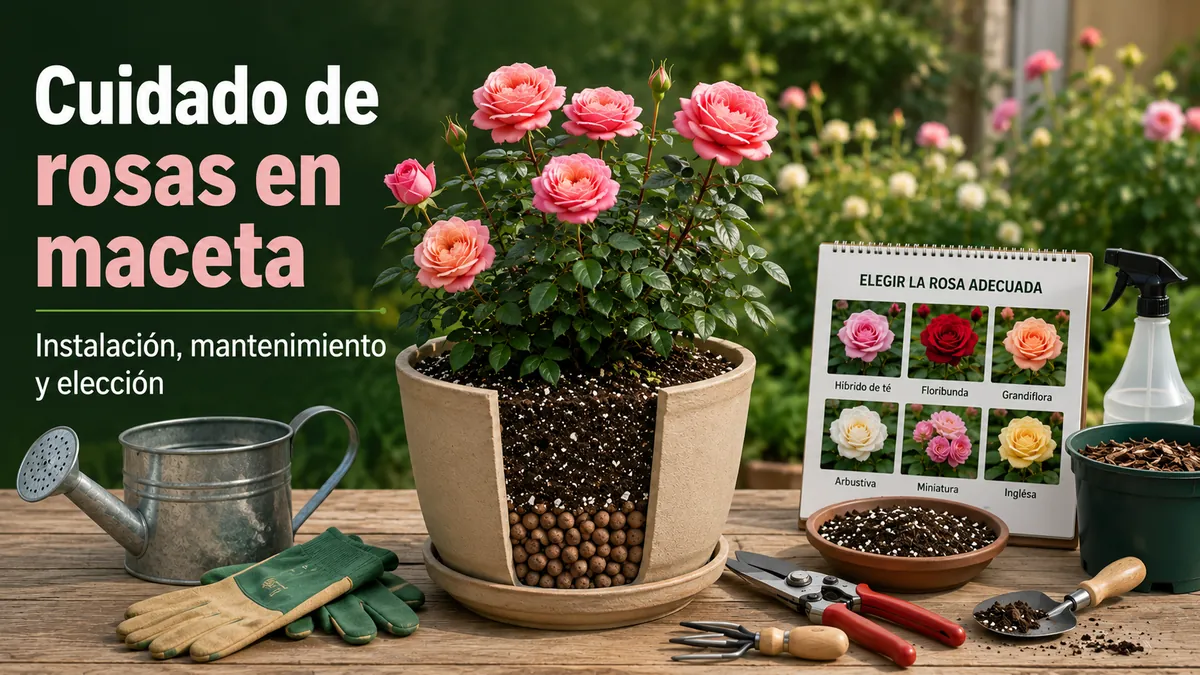Sistema de cuidado de rosas en maceta con rosa, capa de drenaje, mezcla de sustrato, regadera y herramientas