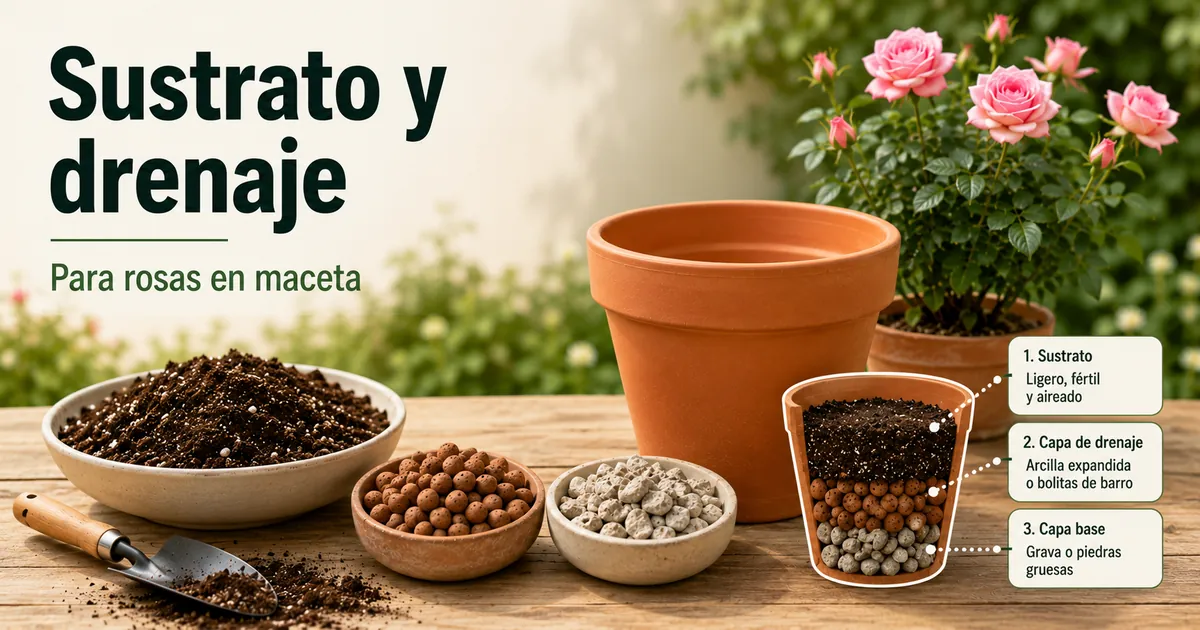 Mezcla de sustrato y materiales de drenaje preparados para un sistema de cuidado de rosas en maceta