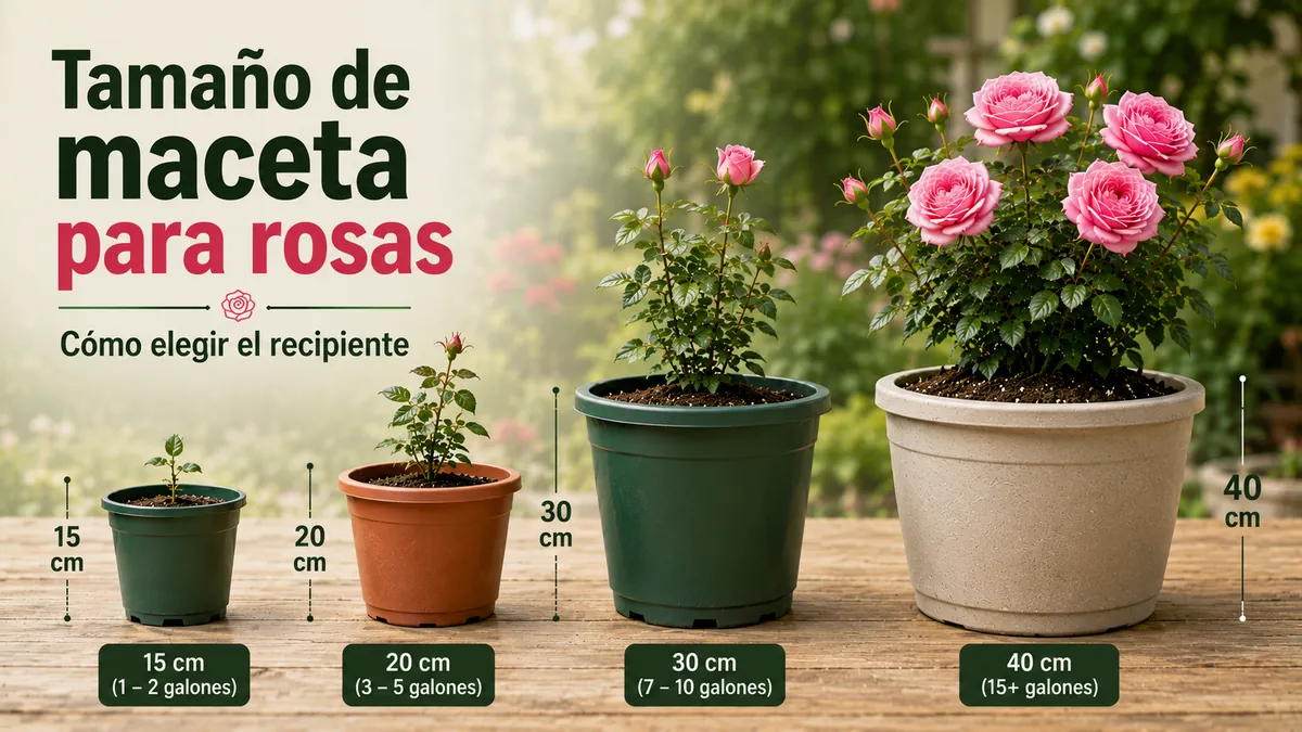Distintos tamaños de maceta para elegir un recipiente adecuado en un sistema de cuidado de rosas en maceta