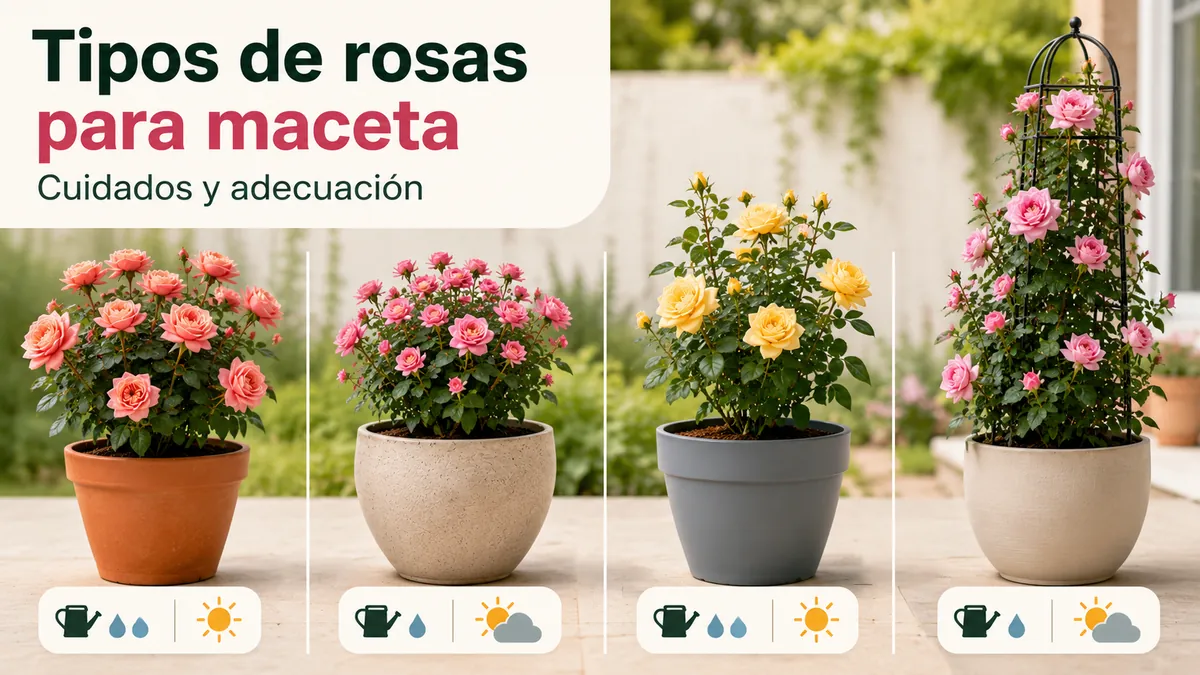 Distintos tipos de rosas en maceta comparados por necesidades de cuidado y adecuación