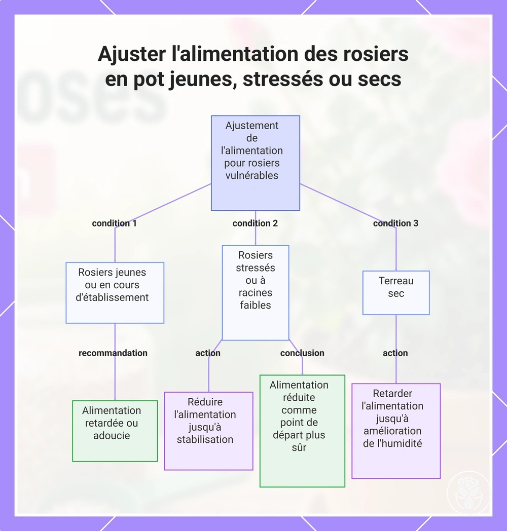 Ajuster l'alimentation des rosiers en pot jeunes, stressés ou secs