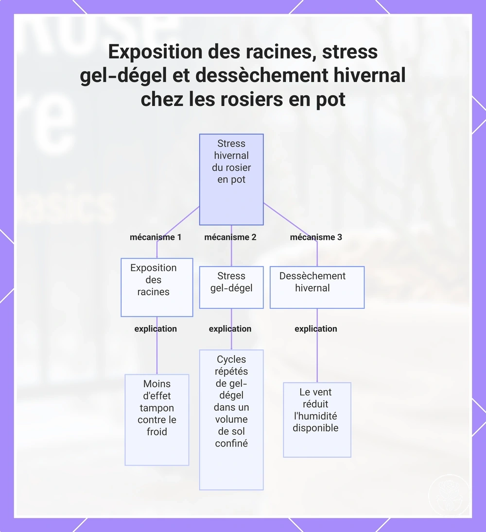 Exposition des racines, stress gel-dégel et dessèchement hivernal chez les rosiers en pot