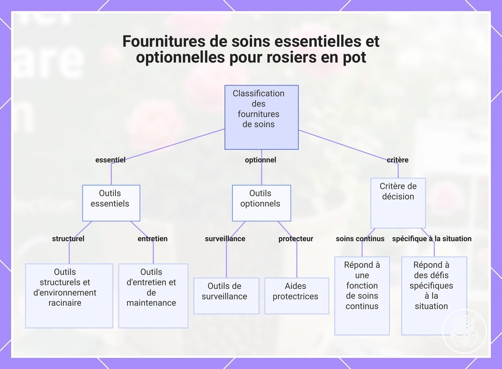 Fournitures de soins essentielles et optionnelles pour rosiers en pot
