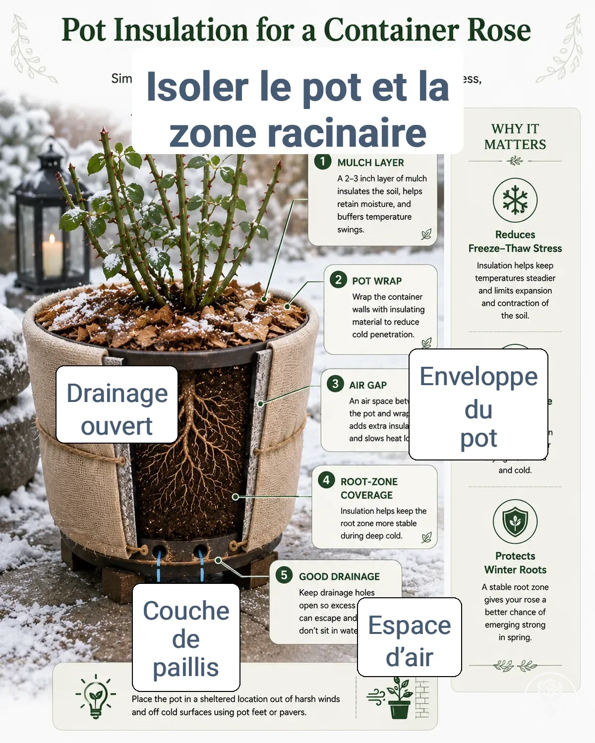 Composants d isolation du pot protégeant la zone racinaire d un rosier en pot