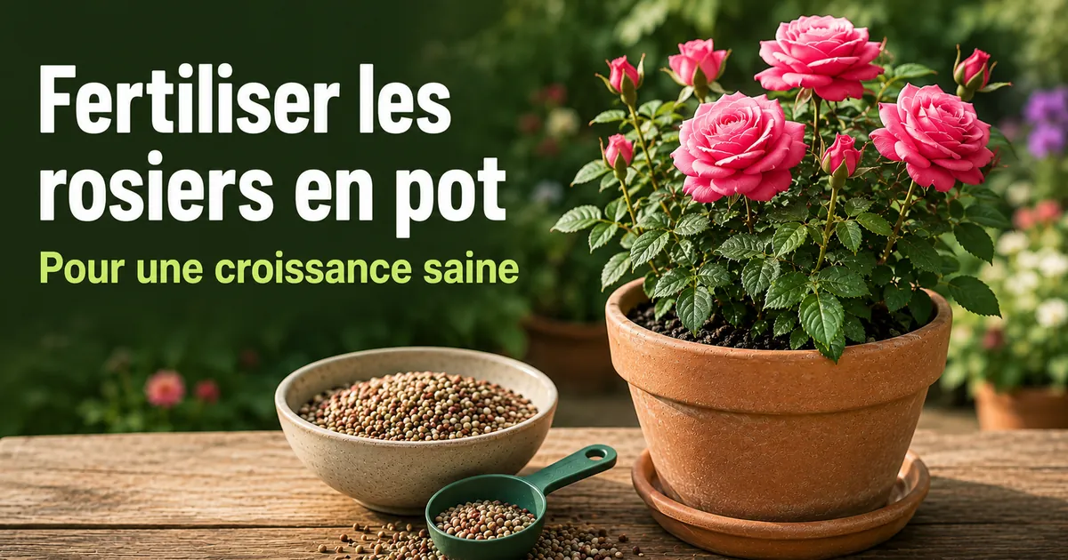 Engrais et doseur à côté d’un rosier en pot dans un système de soin