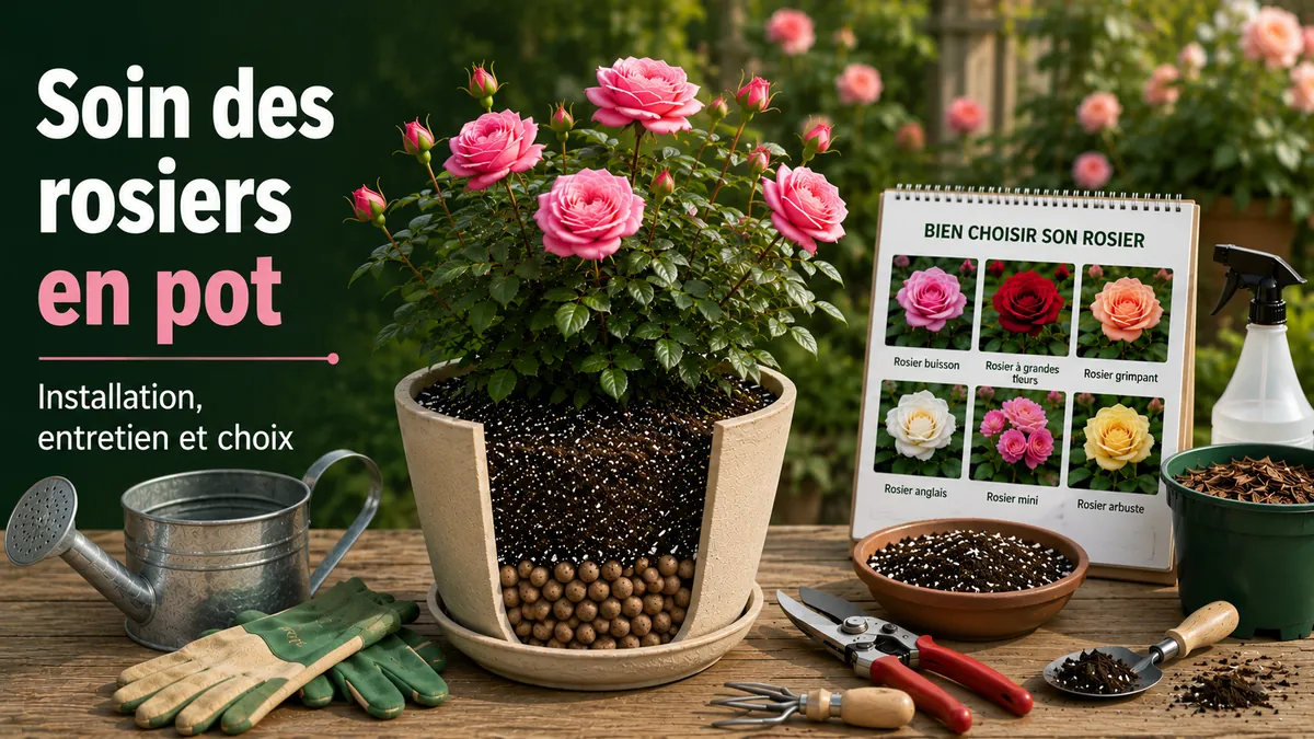 Système de soin des rosiers en pot avec rosier, couche de drainage, terre, arrosoir et outils d’entretien