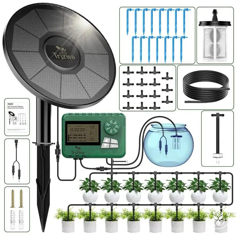Kit solar de irrigação por gotejamento com mangueira e temporizador automático para plantas em vaso